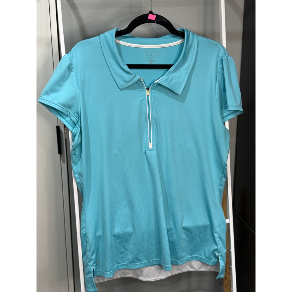 Athleta XL Turquoise Polo 1/4 Zip Short Sleeve Floral Embroidered Golf Tennis